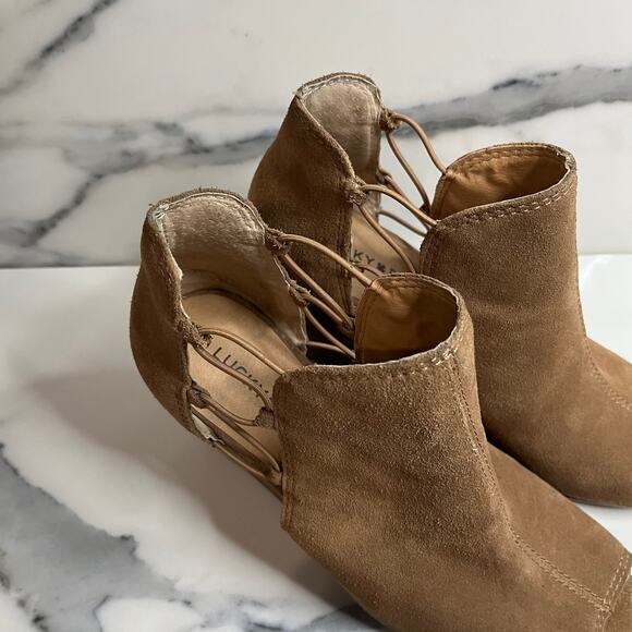 Lucky Brand | Women's Brown Leather Peeptoe Reevas Wedge Booties Sz 8.5 - Picture 4 of 8